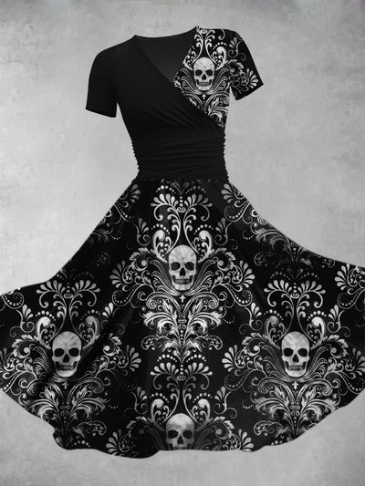 Skull Floral Art Print Vintage Chic Short Sleeve Midi Dress