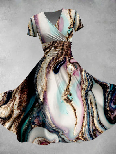 Abstract Art Print Elegant Vintage Chic Short Sleeve Midi Dress