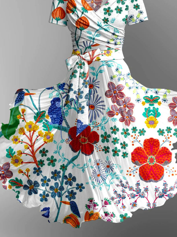 Floral Print Elegant Vintage Chic V-Neck Strap Two Piece Short Sleeve Midi Dress