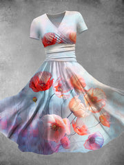 Retro Floral Art Print V Neck Short Sleeve Maxi Dress