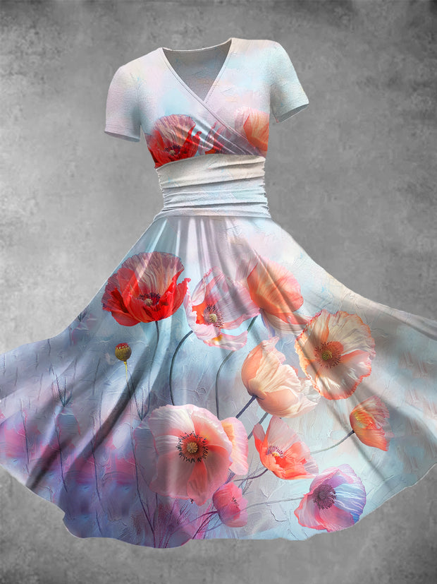 Retro Floral Art Print V Neck Short Sleeve Maxi Dress