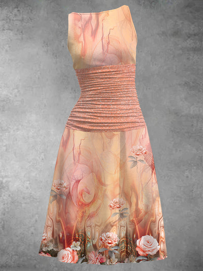 Flame Flower Printed Elegant Vintage Chic Sleeveless Tank Top Midi Dress