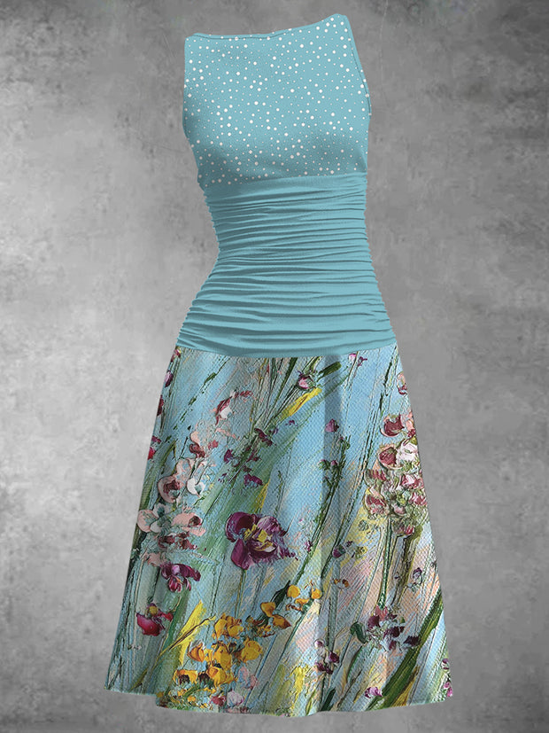 Flower Polka Dot Printed Elegant Vintage Chic Sleeveless Tank Top Midi Dress