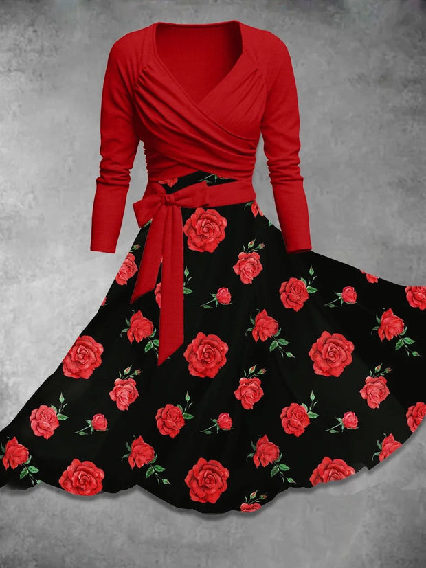 Women's Vintage Floral Art Print Long Sleeve Midi Dress