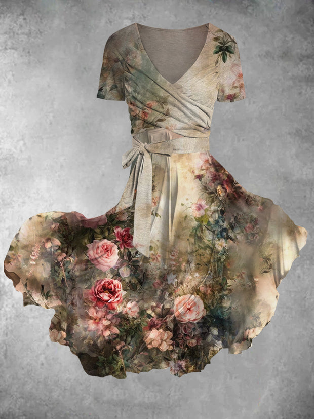 Vintage Floral Art Print V Neck Short Sleeve Midi Dress Two Piece Dress Set