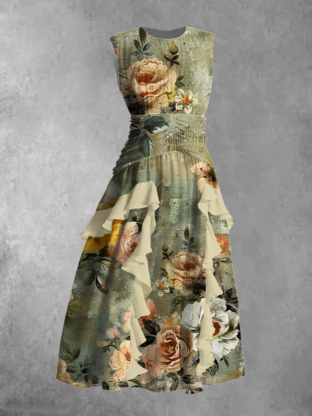 Vintage Floral Art Print Round Neck Sleeveless Maxi Dress