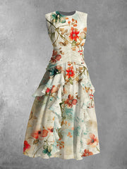 Vintage Floral Art Print V-Neck Chiffon Sleeveless Maxi Dress