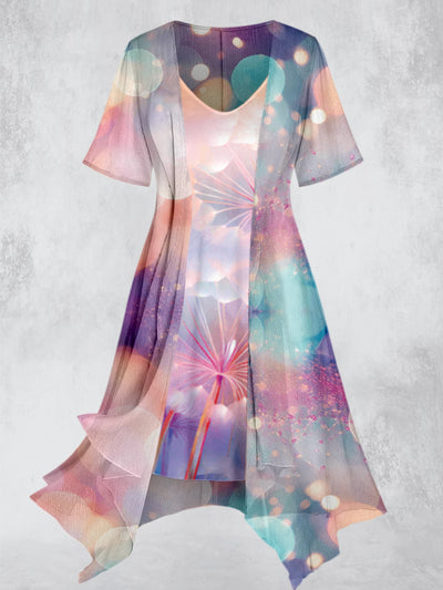 Bubble Light Printed Vintage Slip Dress Short Sleeve Coat Two-Piece Midi Dress