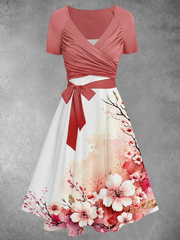 Floral Print Vintage V-Neck Short Sleeve Two-Piece Midi Dress