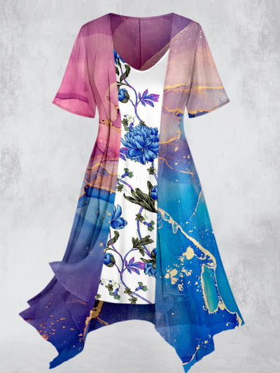 Elegance Floral Art Printed Vintage Slip Dress Short Sleeve Coat Two-Piece Midi Dress
