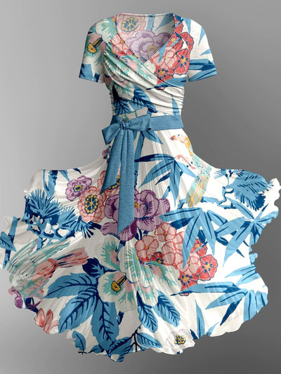 Retro Floral Art Print Vintage V-Neck Short Sleeve Two-Piece Midi Dress