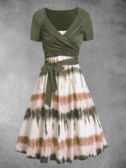 Retro Tie-Dye Art Printed Vintage V-Neck Belt Short Sleeve Two-Piece Midi Dress