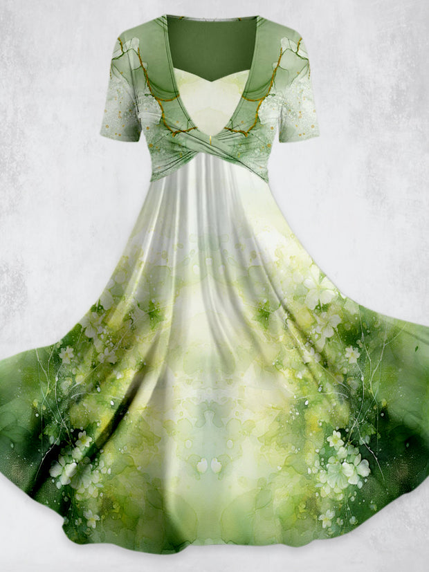 Elegance Floral Printed Vintage Cross Fold Short SleeveTwo-Piece Midi Dress