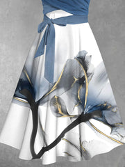 Retro Tie-Dye Art Print Vintage V-Neck Short Sleeve Two-Piece Midi Dress