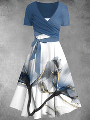 Retro Tie-Dye Art Print Vintage V-Neck Short Sleeve Two-Piece Midi Dress