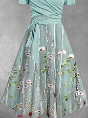 Retro Floral Art Printed Vintage V-Neck Belt Short Sleeve Two-Piece Midi Dress