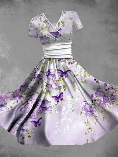 Women's Vintage Floral Print Crew  V-Neck Midi Dress
