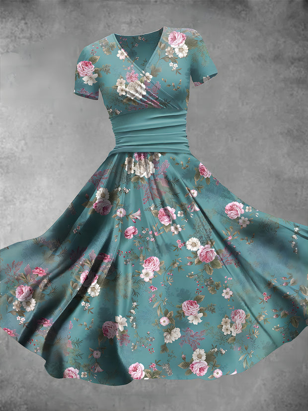 Women's Vintage Floral Print Crew Neck V-Neck Midi Dress