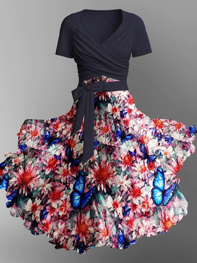 Elegance Floral Art Printed Vintage Cross Fold Short SleeveTwo-Piece Midi Dress