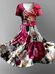 Vintage Floral Art Print V-neck Short Sleeve Midi Dress Two Piece Dress Set