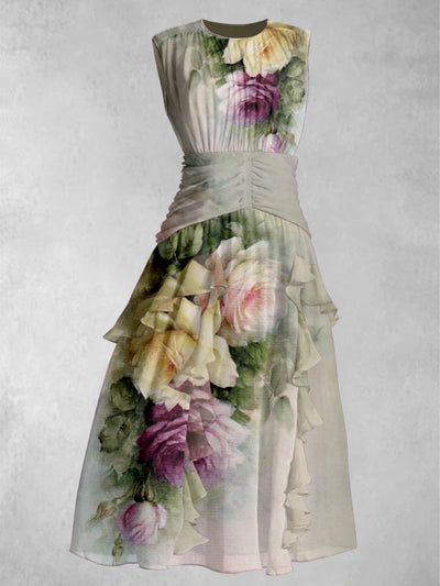 Retro Floral Art Print Round Neck Elegant Chic Sleeveless Maxi Dress