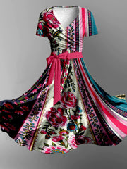 Vintage Floral Art Print Cross Fold Short Sleeve Two Piece Midi Dress