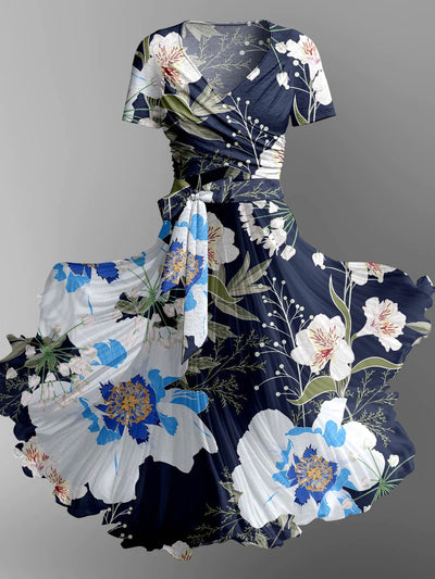 Vintage Floral Art Print Short Sleeve Midi Dress Two Piece Dress Set