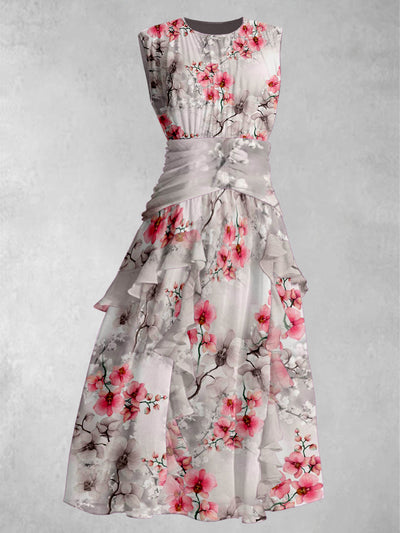 Retro Floral Art Print V-Neck Elegant Chic Chiffon Sleeveless Maxi Dress