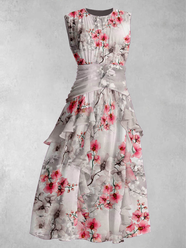Retro Floral Art Print V-Neck Elegant Chic Chiffon Sleeveless Maxi Dress