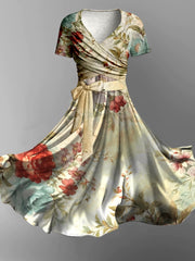 Retro Floral Art Print V-Neck Short Sleeve Midi Dress Two Piece Dress Set