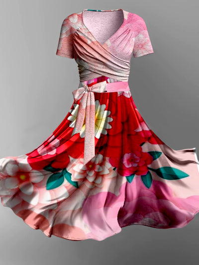 Retro Floral Art Print Cross Fold Short SleeveTwo-Piece Midi Dress