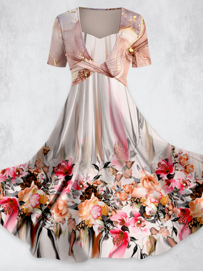 Flower Design Art Printed Vintage Cross Fold Short Sleeve Two-Piece Midi Dress