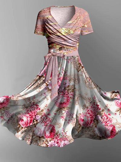 Floral Design Art Printed Vintage Cross Fold Short Sleeve Two-Piece Midi Dress