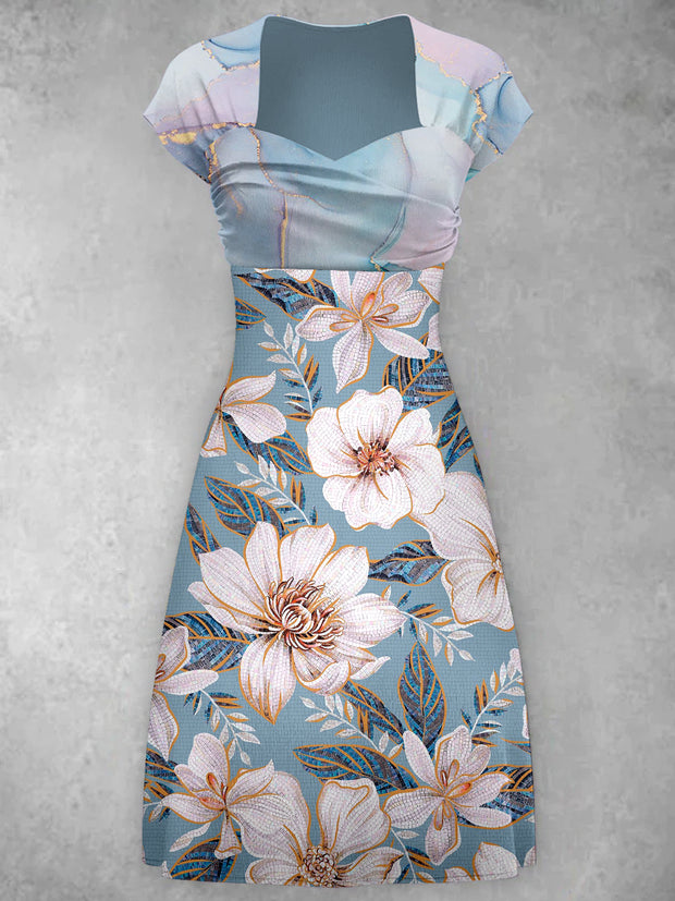 Floral Design Art Printed Vintage Chic Classical Short Sleeve Midi Dress