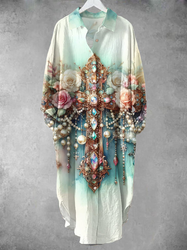 Women's Vintage Floral Jewelry Cross Art Print Shirt Midi Skirt