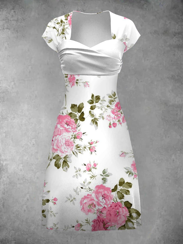 Vintage Floral Art Print Elegant Short Sleeve Mini Dress