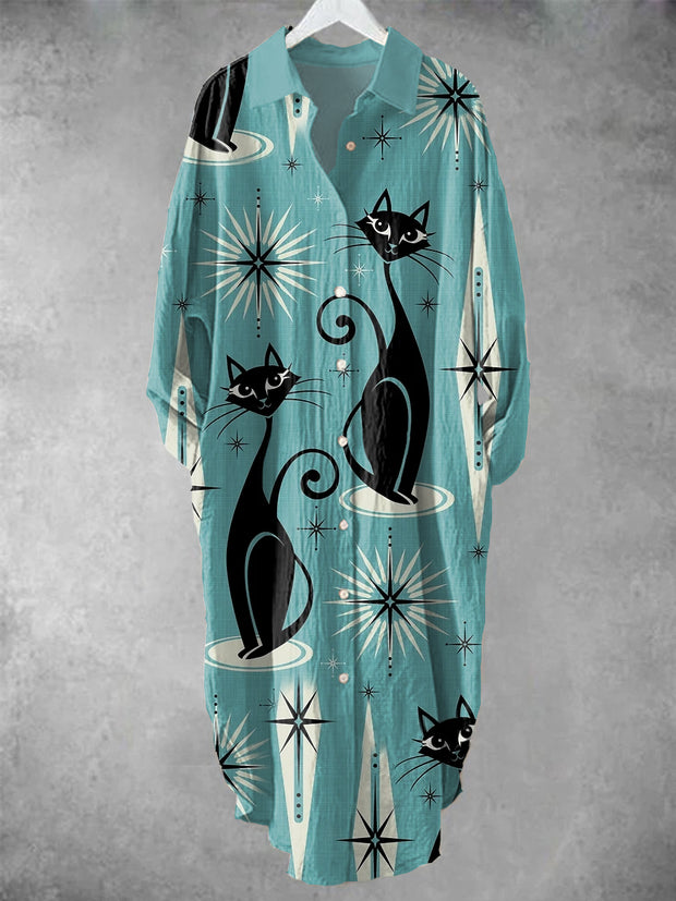 Women's Vintage Cat  Art Print Shirt Midi Skirt