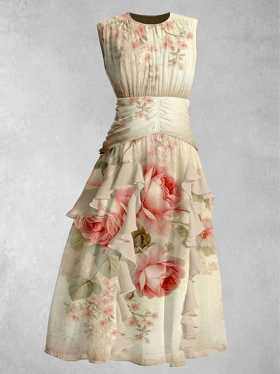 Vintage Floral Art Print Round Neck Elegant Chic Chiffon Sleeveless Maxi Dress