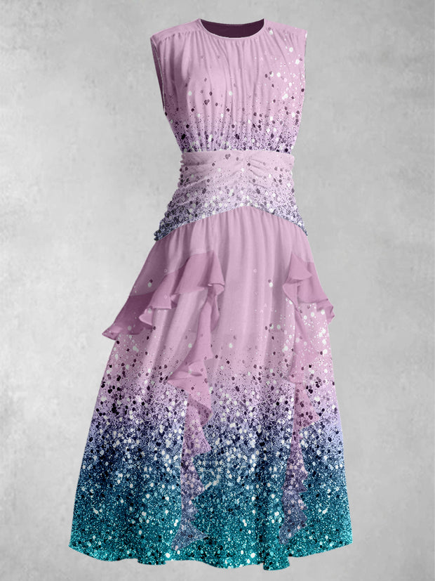 Glitter Art Print Round Neck Elegant Chic Chiffon Sleeveless Maxi Dress