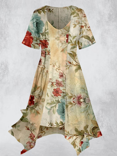 Vintage Floral Art Print Short Sleeve Two Piece Midi Dress