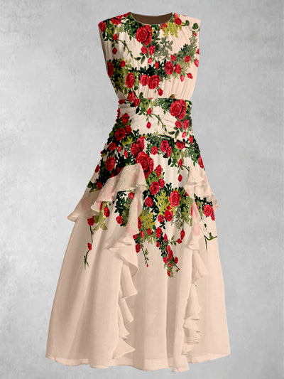 Vintage Floral Print Round Neck Elegant Chic Chiffon Sleeveless Maxi Dress