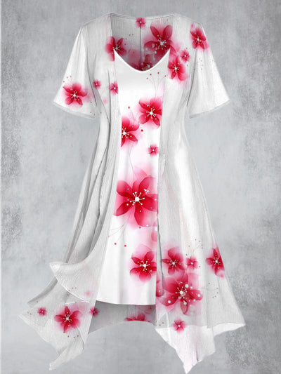 Floral Design Art Printed Vintage Slip Dress Short Sleeve Coat Two-Piece Midi Dress
