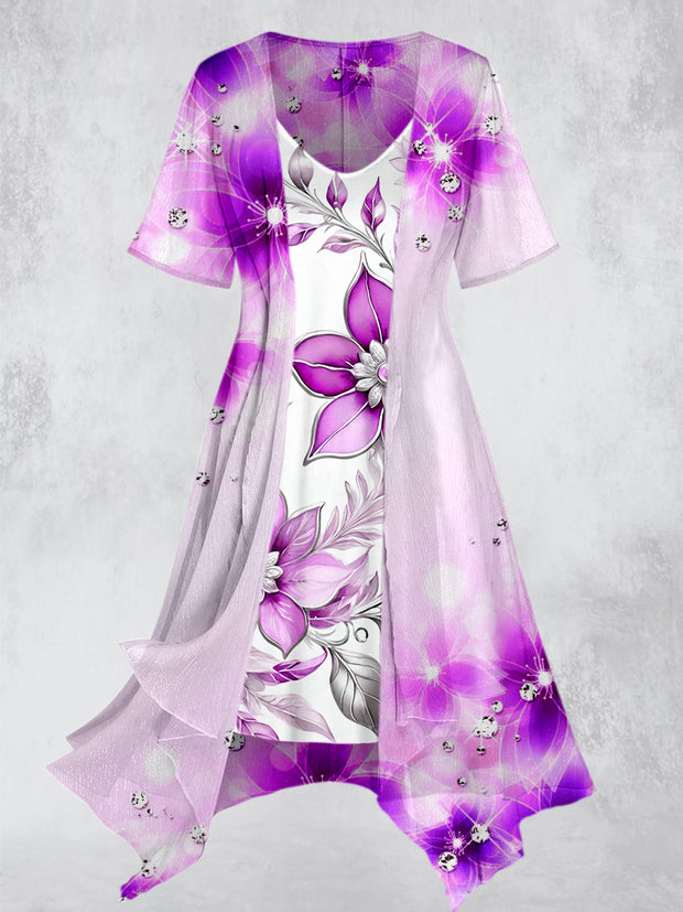 Purple Floral Art Print Short Sleeve Two Piece Midi Dress