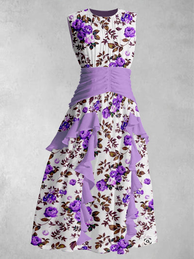 Purple Floral Art Print Round Neck Elegant Chic Chiffon Sleeveless Maxi Dress