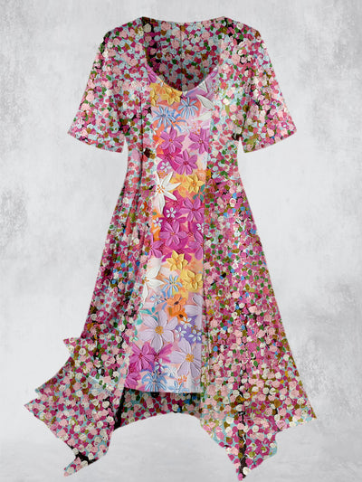 Floral Design Art Printed Vintage Slip Dress Short Sleeve Coat Two-Piece Midi Dress