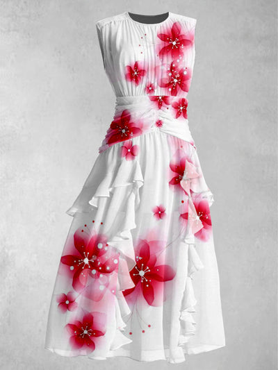 Floral Art Print Round Neck Elegant Chic Sleeveless Maxi Dress
