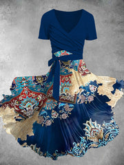 Retro Ethnic Art Print V-Neck Short Sleeve Two Piece Midi Dress