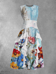 Vintage Floral Art Print Round Neck Chiffon Sleeveless Maxi Dress