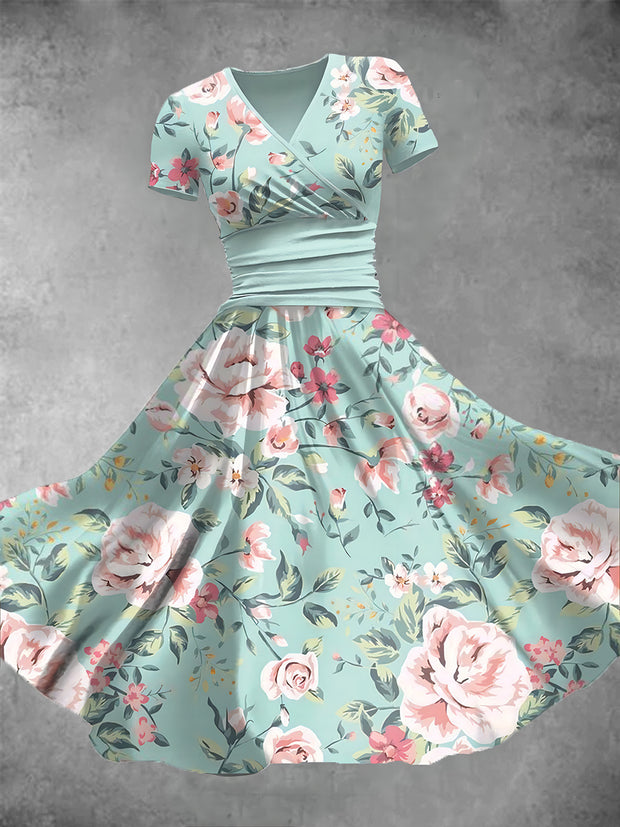 Vintage Floral Print V-Neck Short Sleeve Midi Dress