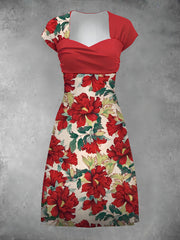 Red Floral Print Short Sleeve Retro Midi Dress